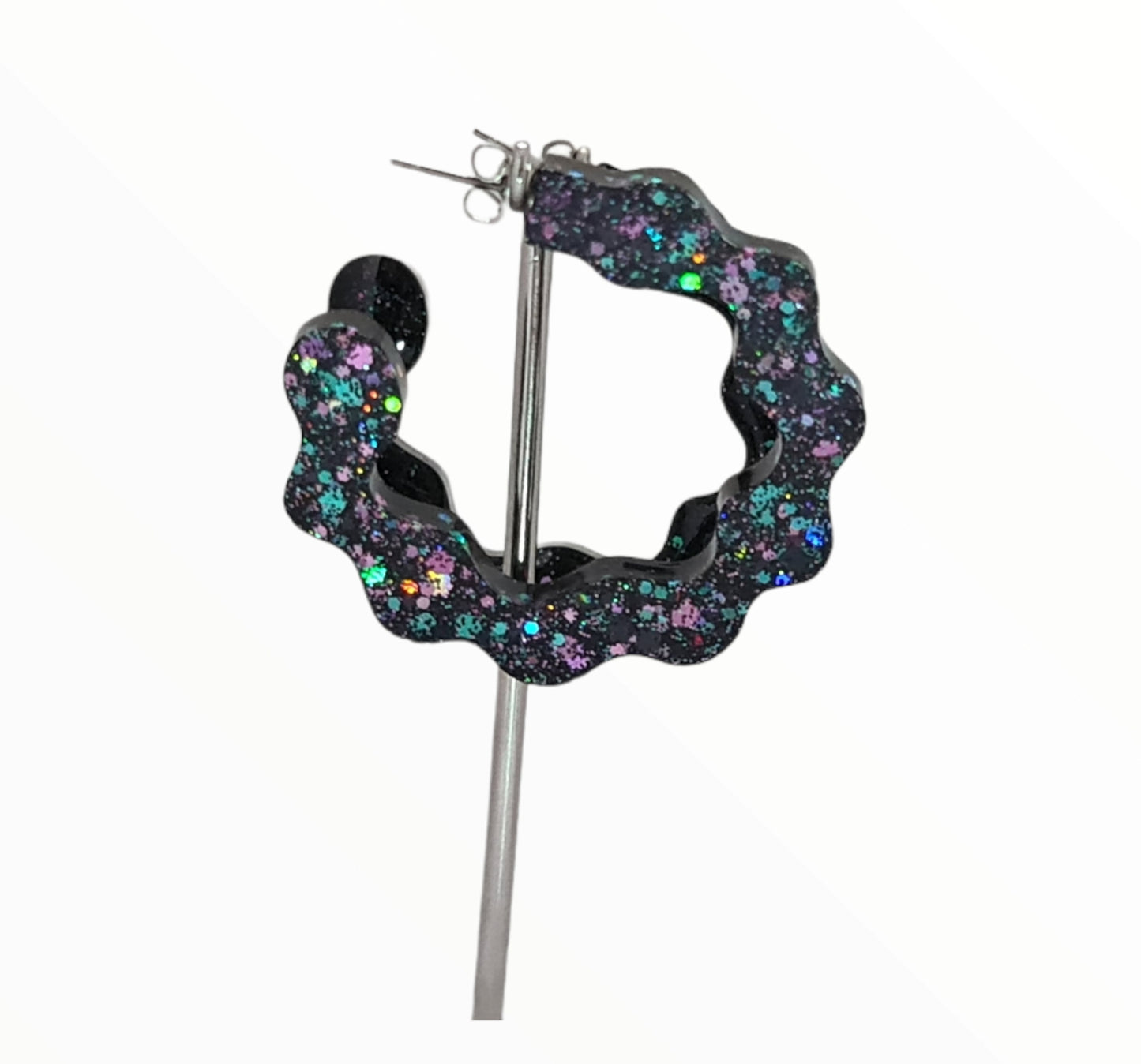 Wave Hoops Stud Earrings, Glitter Resin Dangle Statement Earrings, Choose colour
