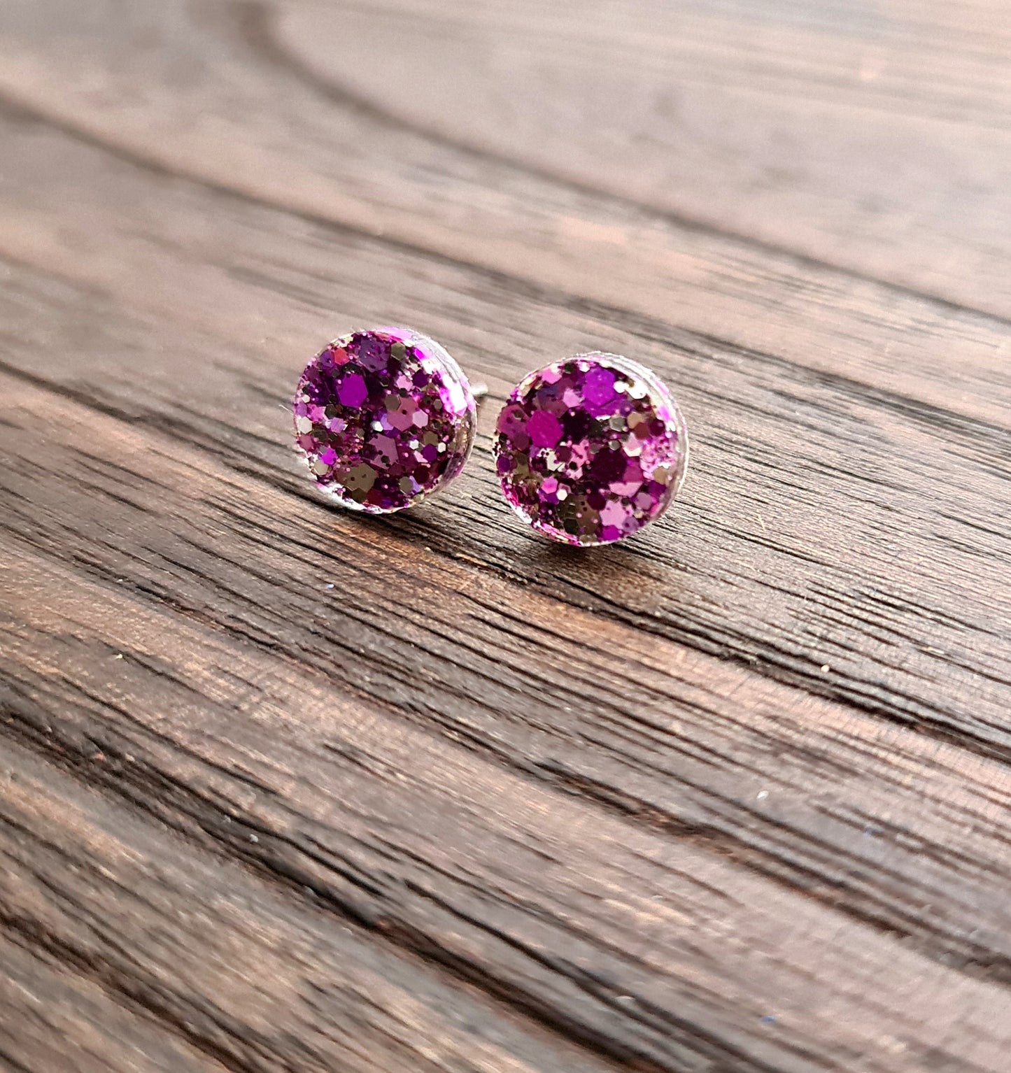 Circle Dot Resin Stud Earrings, Pink Purple Silver Mix  Glitter Earrings. Stainless Steel Stud Earrings