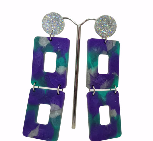 Long Square Statement Glitter Earrings, Long Resin Dangles, Holographic Silver Glitter with Purple, Teal Silver Colour Earrings