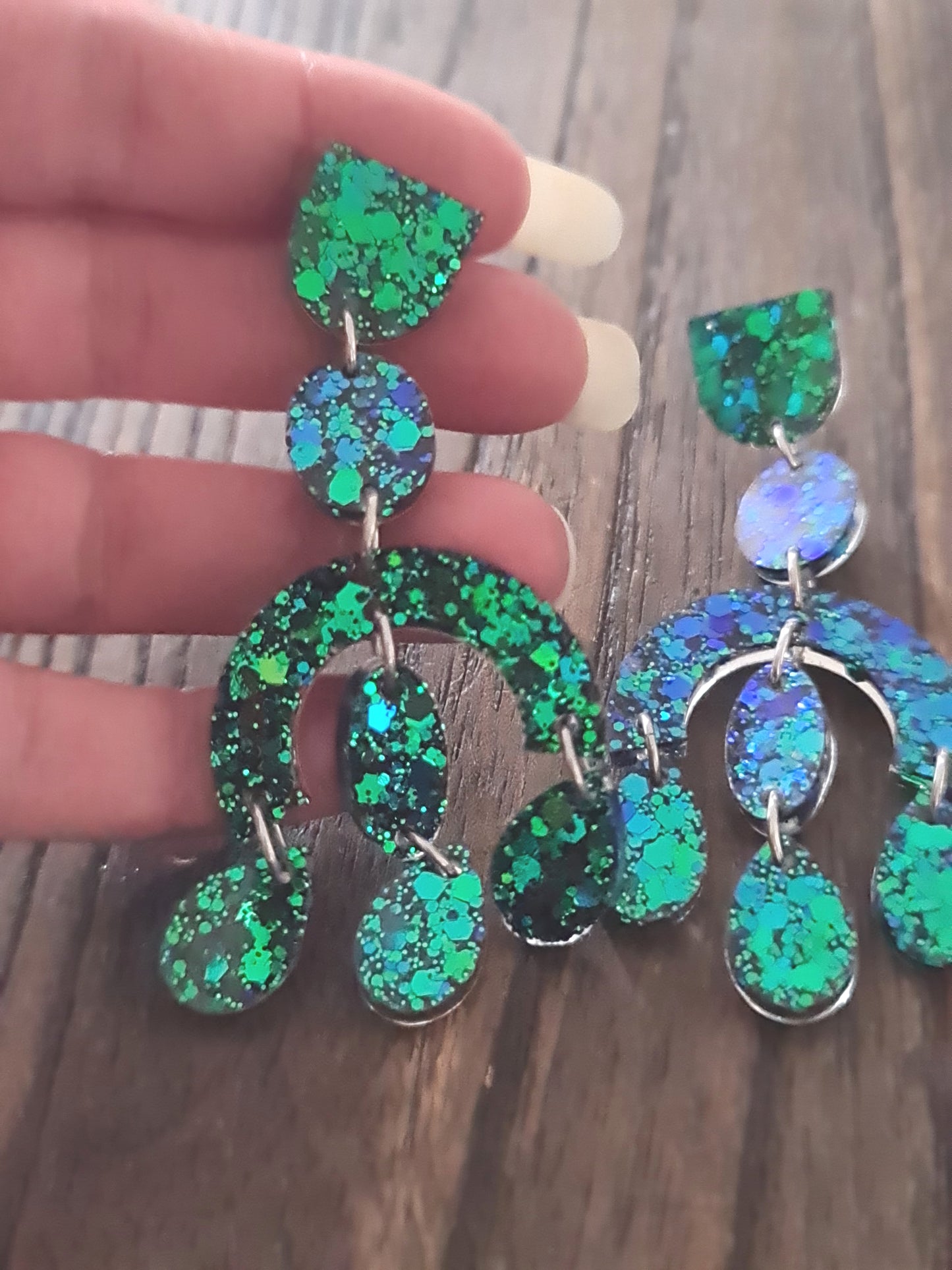 Large Oversized Green Blue Glitter Chandelier Dangle Earrings, Deep Ocean Green Chameleon Glitter Dangles, Statement Long Earrings