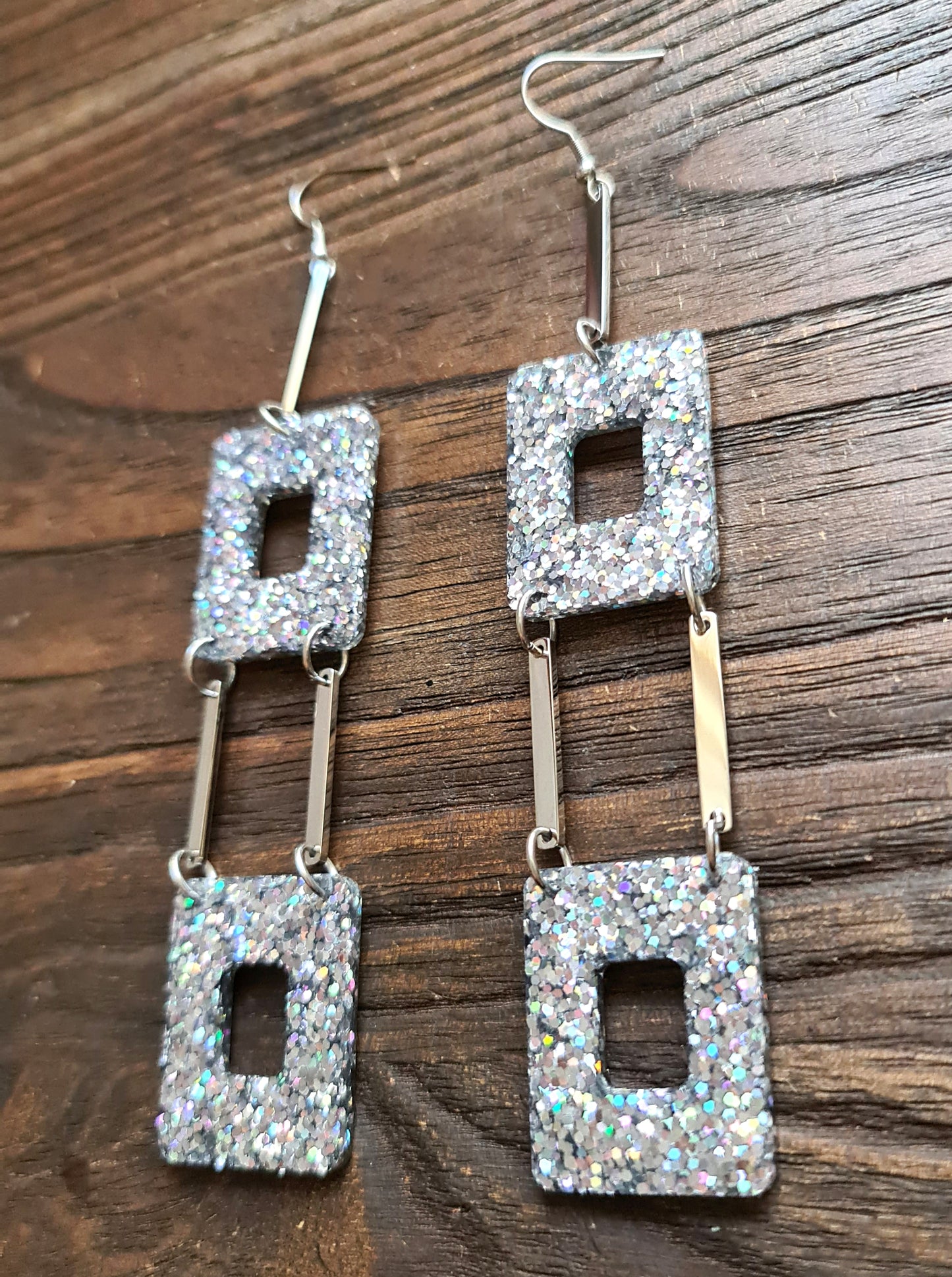 Square Statement Glitter Earrings, Super Extra Long Dangles ,14cm long, Holographic Silver Glitter Earrings