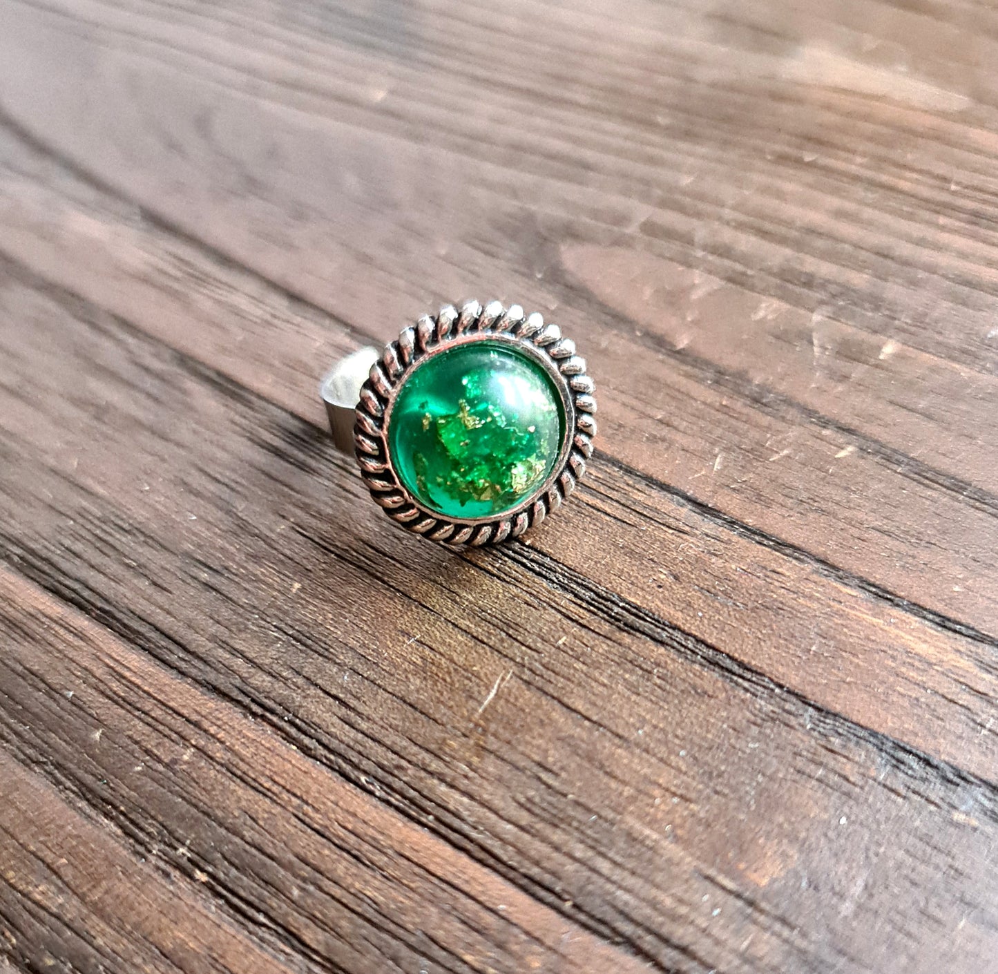 Resin Glitter Ring, Green Gold Leaf Stainless Steel Statement Ring