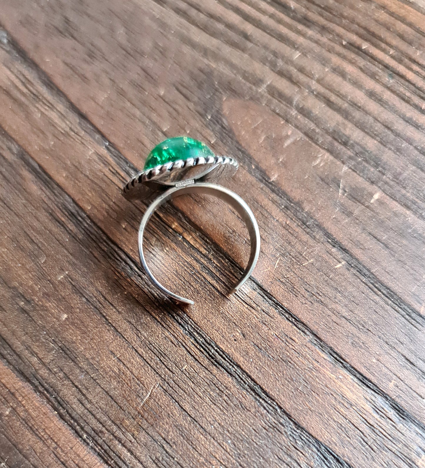 Resin Glitter Ring, Green Gold Leaf Stainless Steel Statement Ring