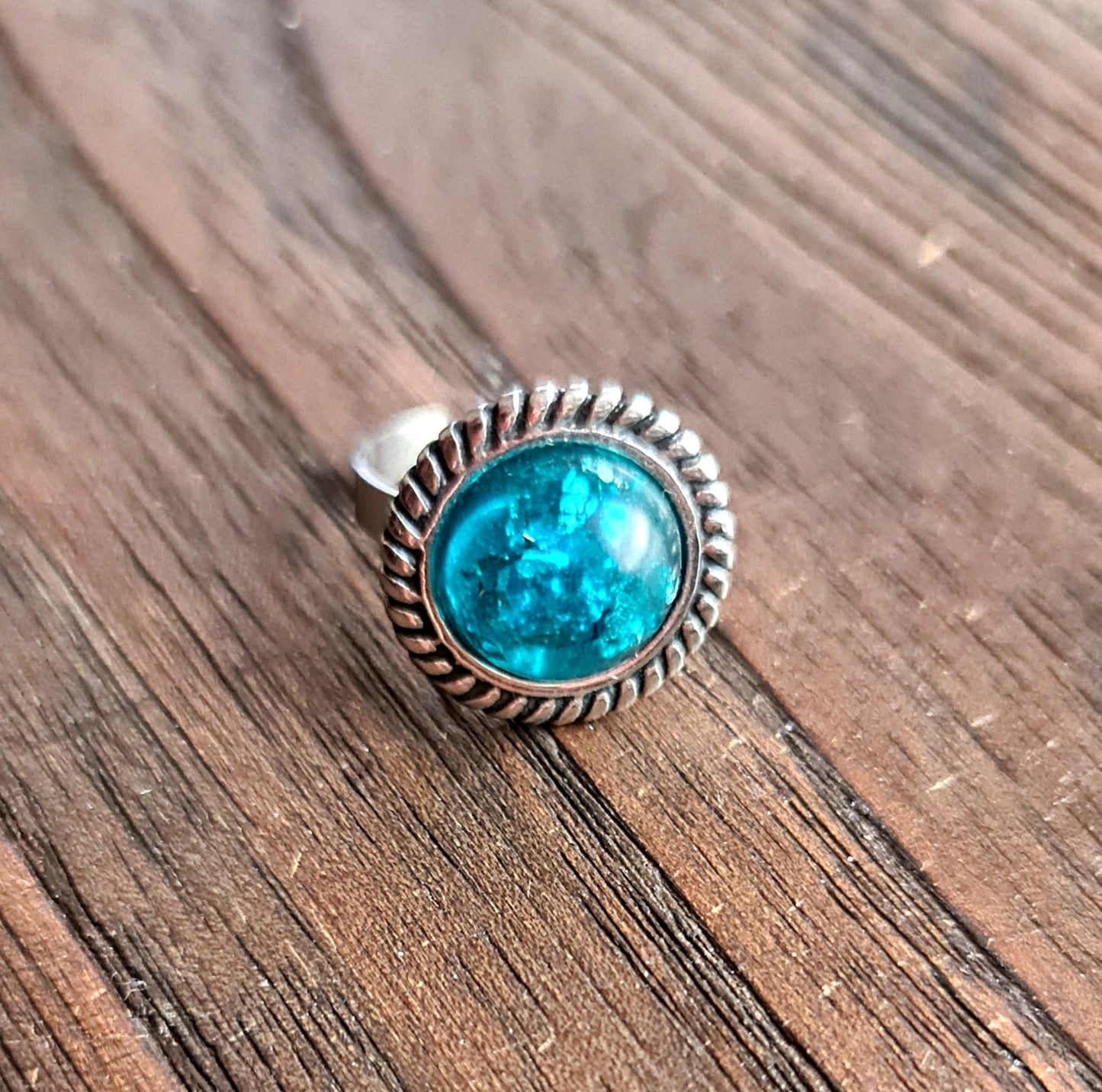 Resin Glitter Ring, Blue Silver Leaf Stainless Steel Statement Ring