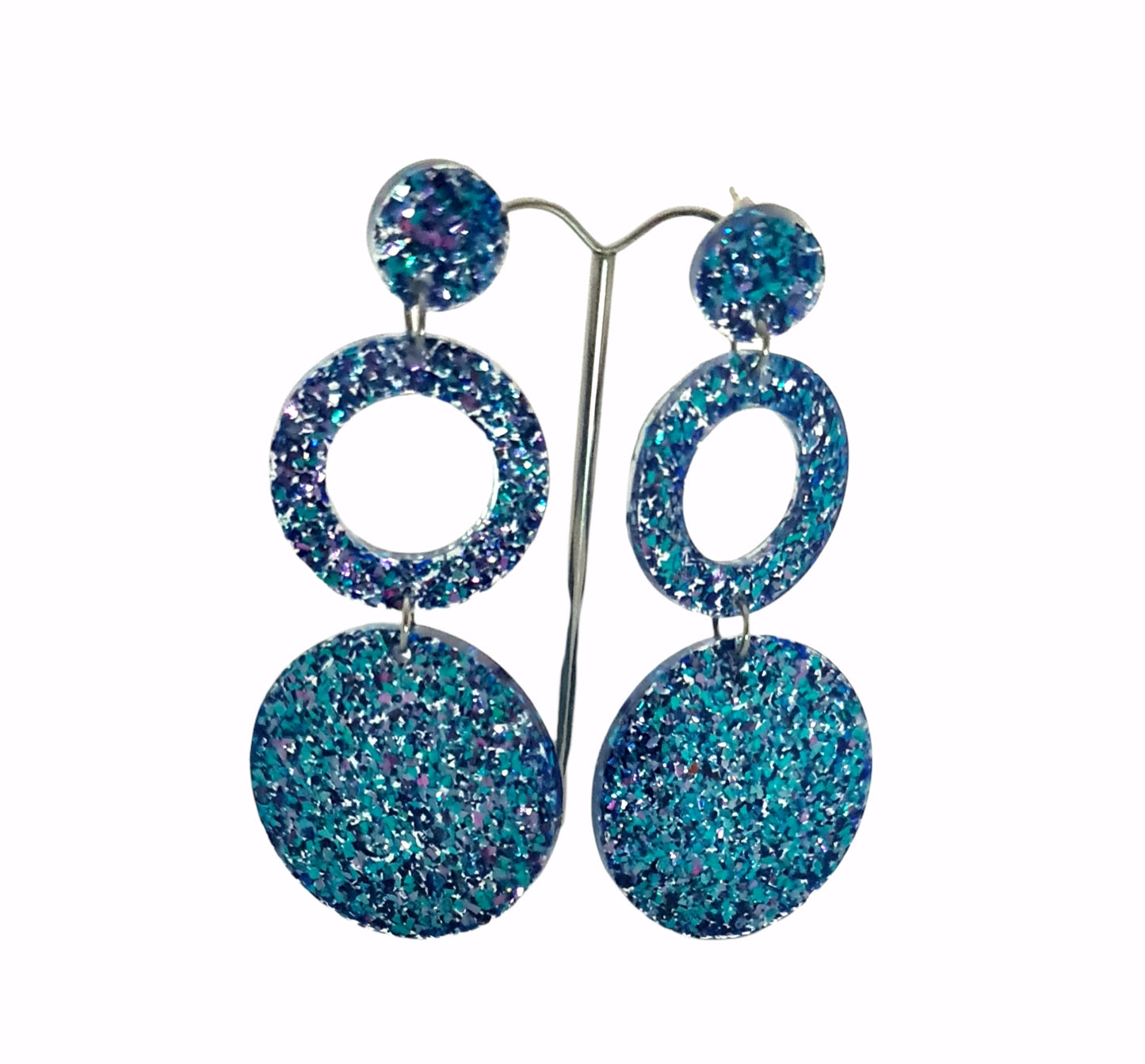 Chameleon Circle Hoop Earrings, Blue Pink Holographic Shards Glitter Dangle Statement Earrings