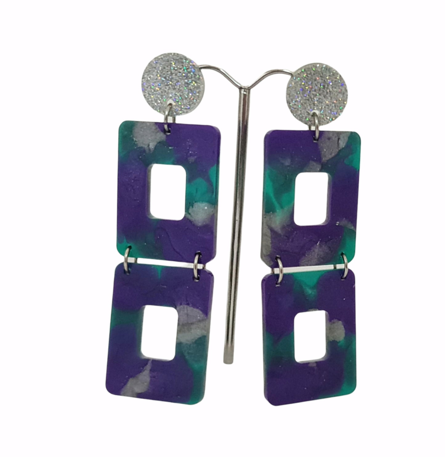 Long Square Statement Glitter Earrings, Long Resin Dangles, Holographic Silver Glitter with Purple, Teal Silver Colour Earrings