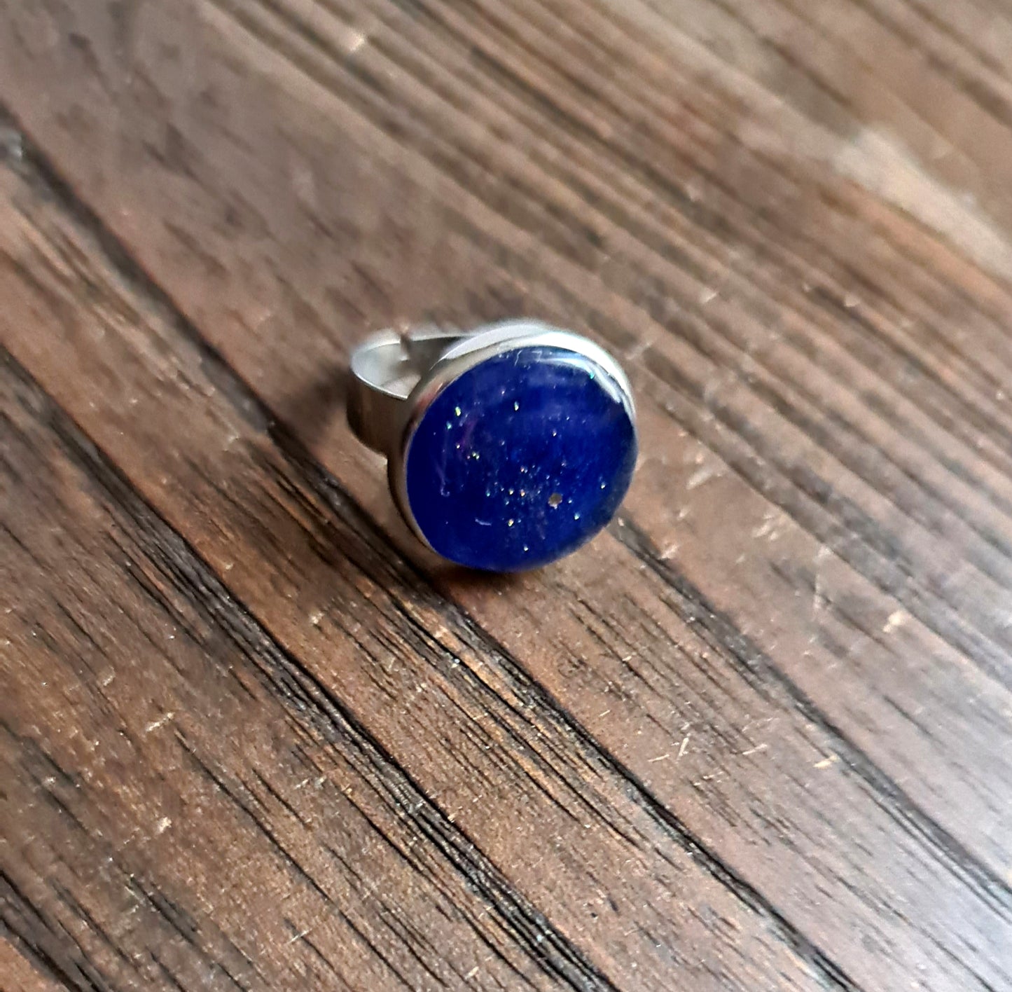 Blue Galaxy Ring, Resin Glitter Ring, Stainless Steel Statement Ring