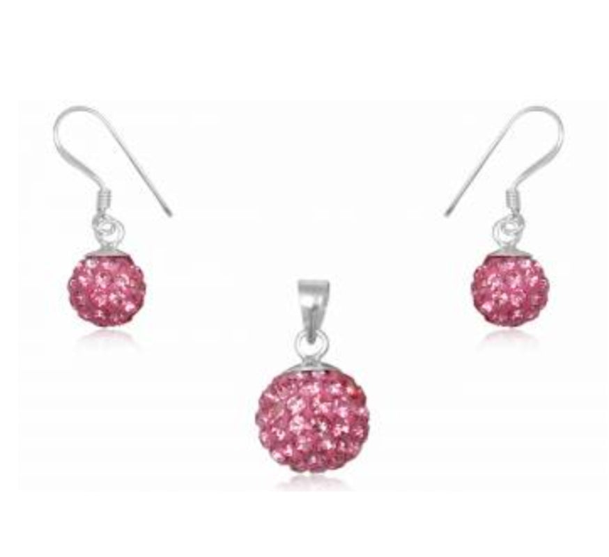 Sterling Silver Pink Rose Swarovski Crystal Ball Pendant Earrings Set