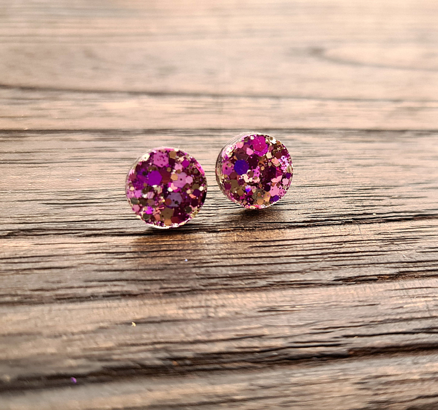 Circle Dot Resin Stud Earrings, Pink Purple Silver Mix  Glitter Earrings. Stainless Steel Stud Earrings