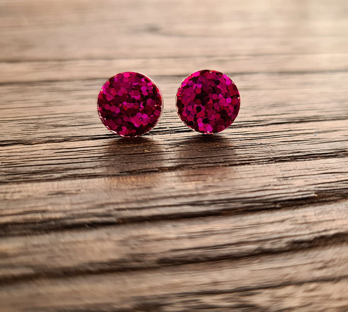 Circle Dot Resin Stud Earrings, Hot Pink Earrings. Stainless Steel Stud Earrings