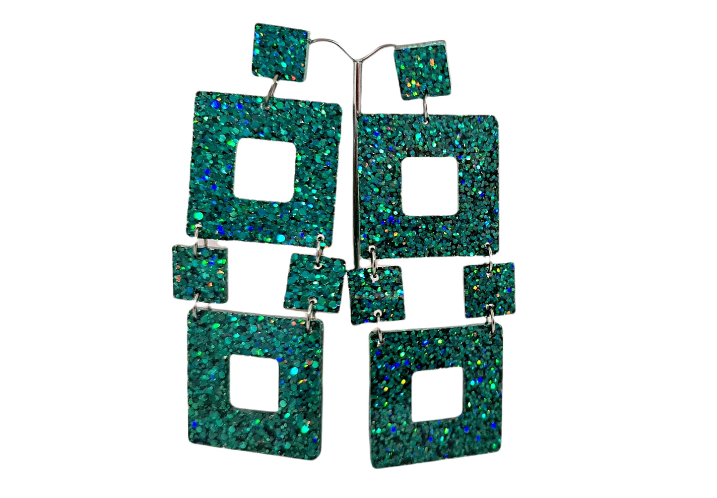 Extra Long Square Glitter Earrings, Dangle Statement Earrings, 11cm long, Sea Green Glitter Earrings