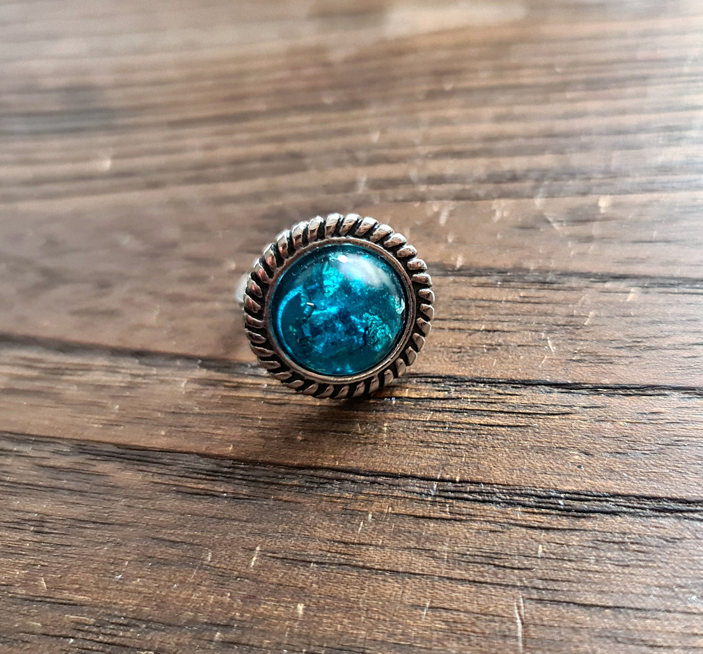 Resin Glitter Ring, Blue Silver Leaf Stainless Steel Statement Ring