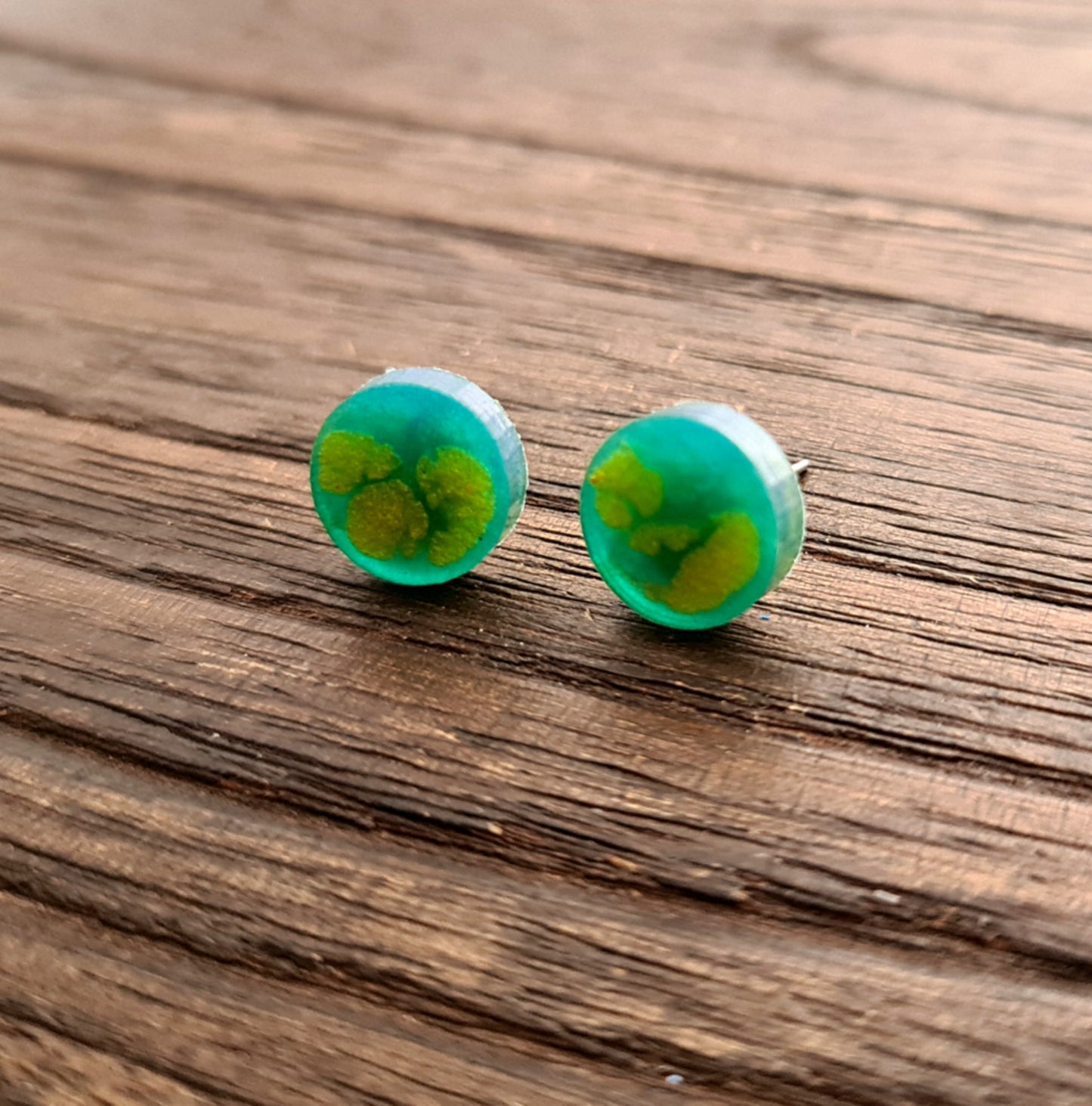 Circle Dot Resin Stud Earrings, Blue Teal Yellow Gold Earrings. Stainless Steel Stud Earrings. 12mm
