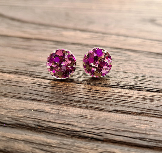 Circle Dot Resin Stud Earrings, Pink Purple Silver Mix  Glitter Earrings. Stainless Steel Stud Earrings