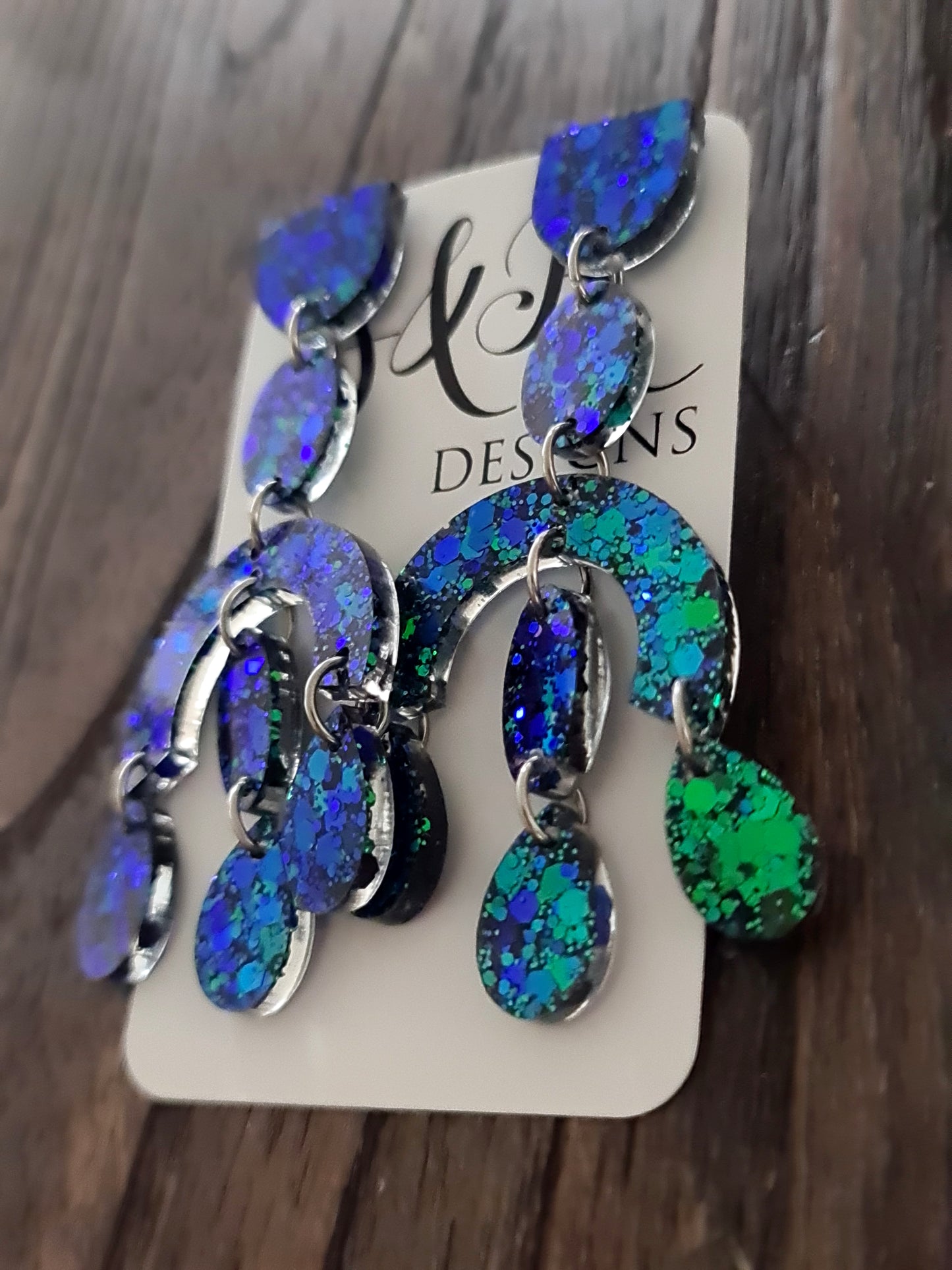Large Oversized Green Blue Glitter Chandelier Dangle Earrings, Deep Ocean Green Chameleon Glitter Dangles, Statement Long Earrings