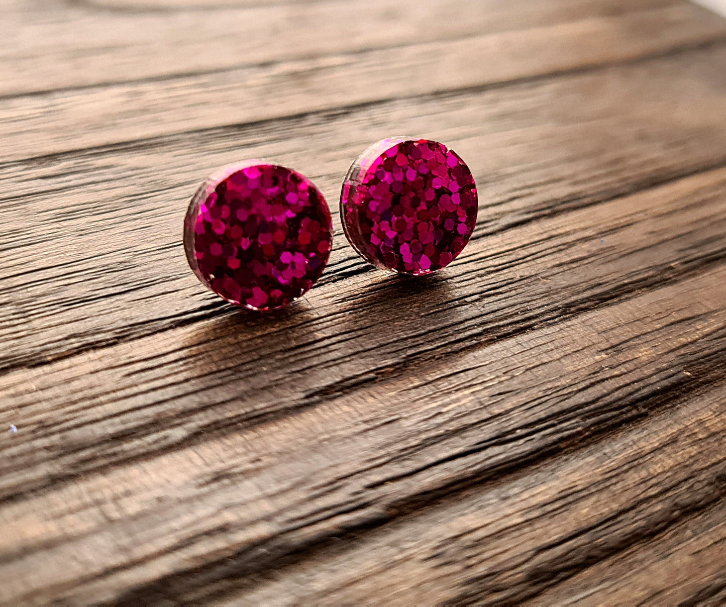 Circle Dot Resin Stud Earrings, Hot Pink Earrings. Stainless Steel Stud Earrings