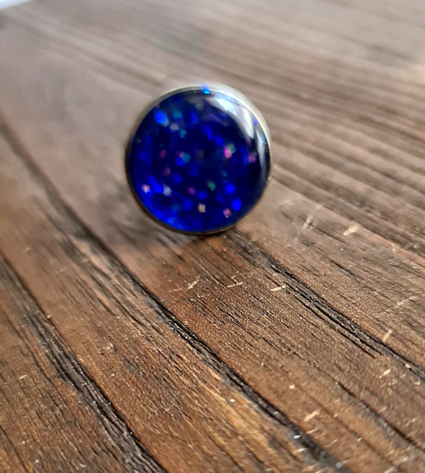 Resin Blue Holographic Glitter Ring, Stainless Steel Statement Ring