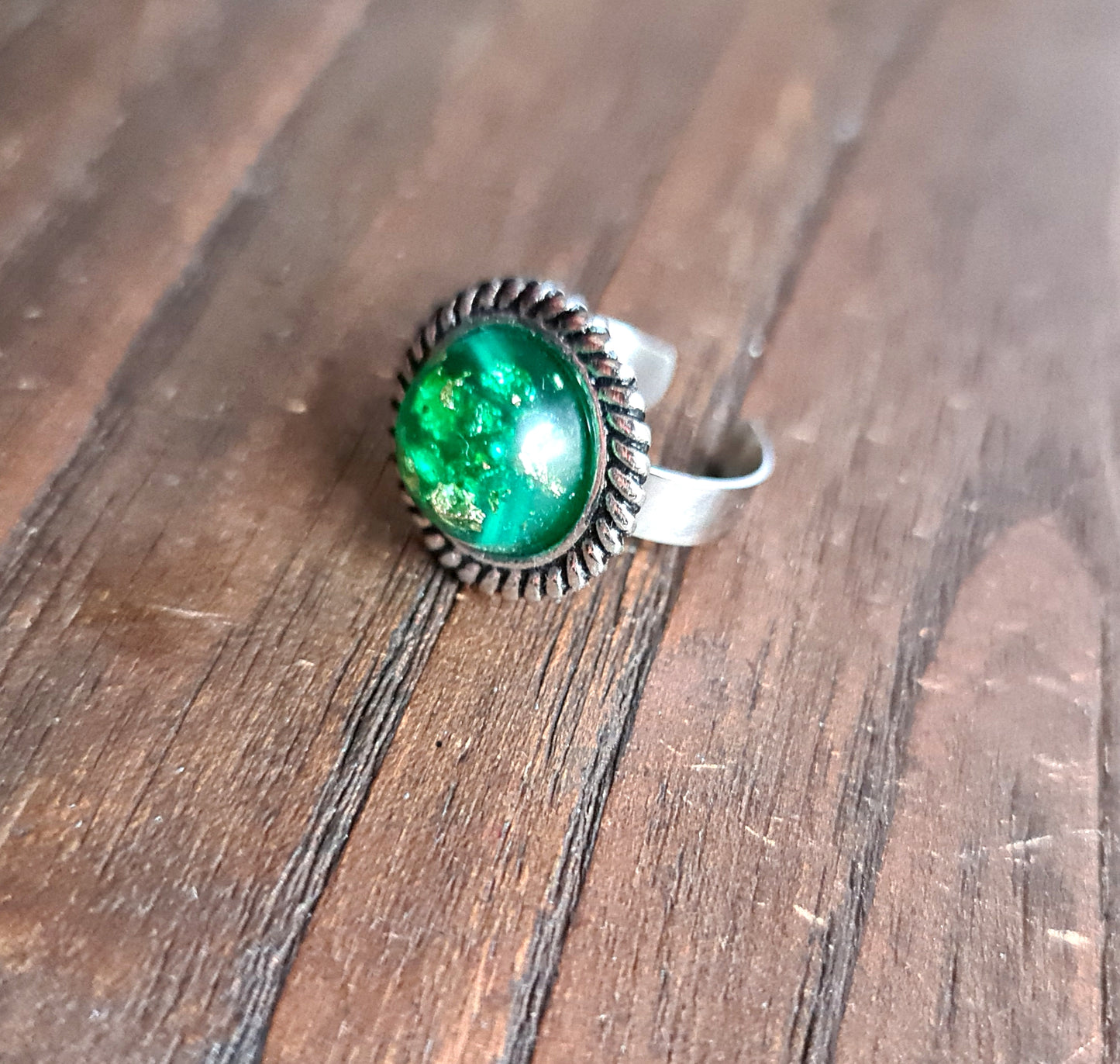 Resin Glitter Ring, Green Gold Leaf Stainless Steel Statement Ring