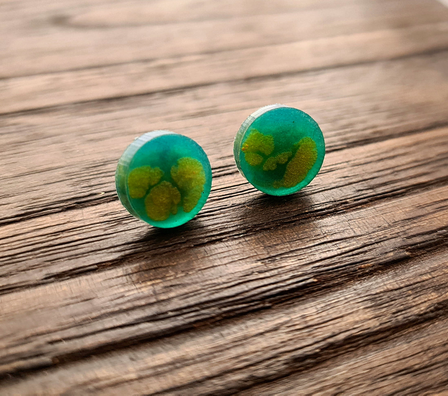 Circle Dot Resin Stud Earrings, Blue Teal Yellow Gold Earrings. Stainless Steel Stud Earrings. 12mm