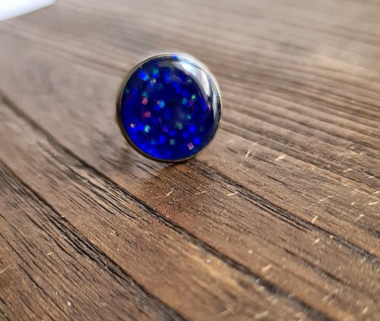 Resin Blue Holographic Glitter Ring, Stainless Steel Statement Ring