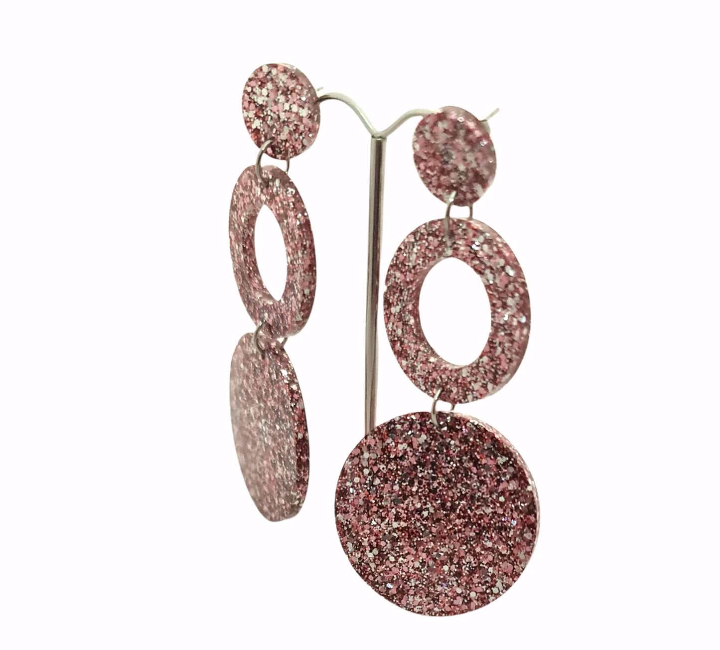 Circle Hoop Earrings, Salmon Pink Silver Glitter Dangle Statement Earrings