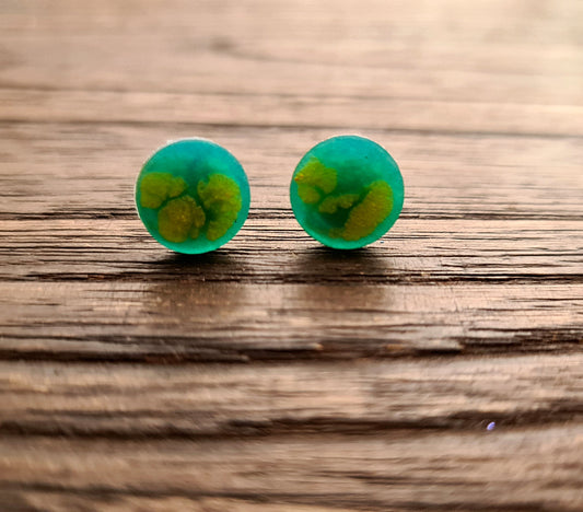 Circle Dot Resin Stud Earrings, Blue Teal Yellow Gold Earrings. Stainless Steel Stud Earrings. 12mm