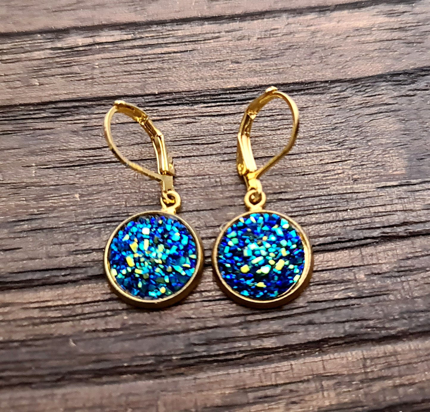 Sparkly Faux Druzy Gold Leverback Earrings made of Stainless Steel 12mm Choose Colour