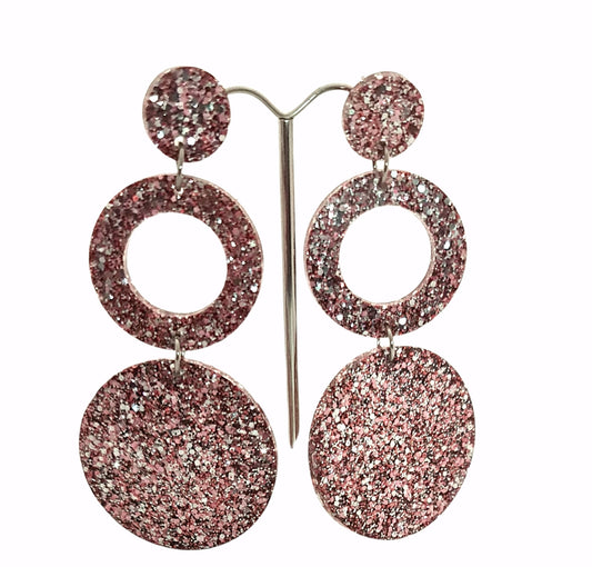 Circle Hoop Earrings, Salmon Pink Silver Glitter Dangle Statement Earrings