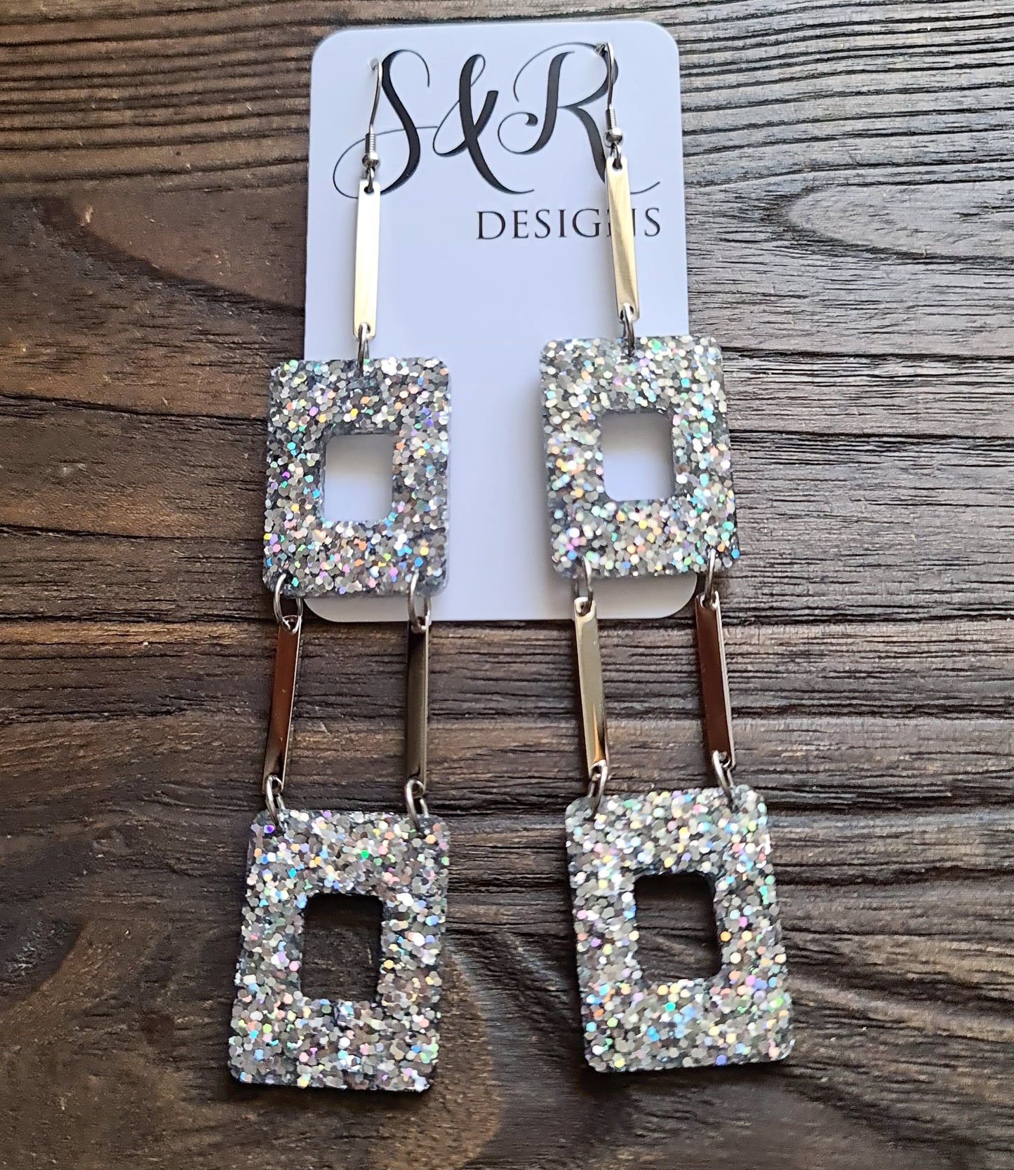 Square Statement Glitter Earrings, Super Extra Long Dangles ,14cm long, Holographic Silver Glitter Earrings