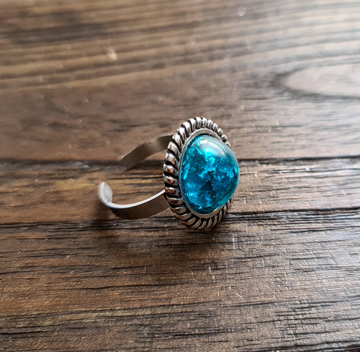 Resin Glitter Ring, Blue Silver Leaf Stainless Steel Statement Ring