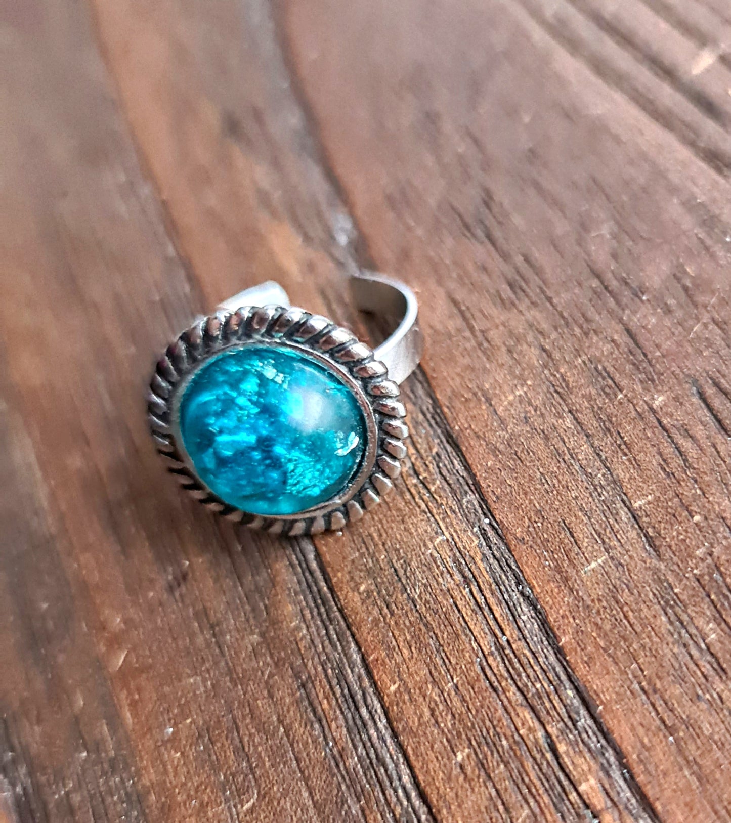 Resin Glitter Ring, Blue Silver Leaf Stainless Steel Statement Ring