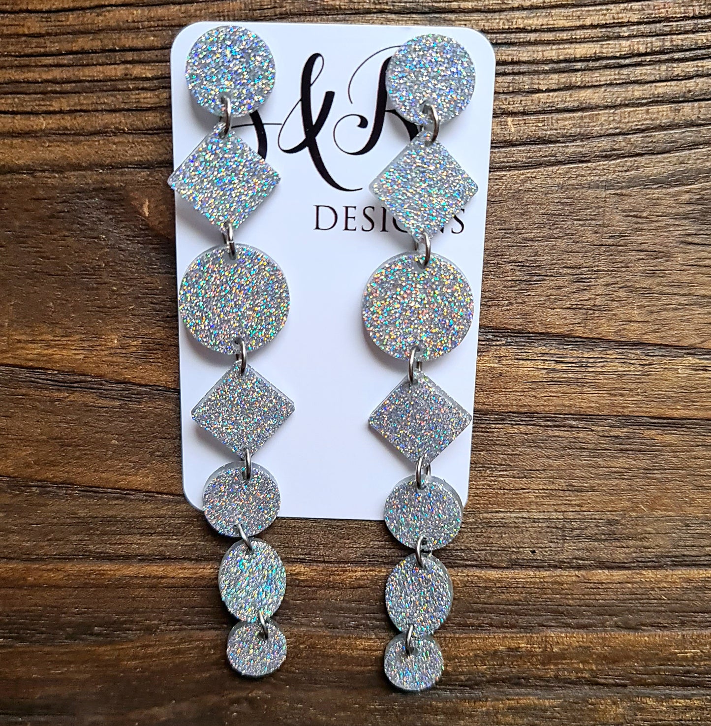 Silver Holographic Glitter Extra Super Long Circle Diamond Dangle Statement Earrings 12.5cm long
