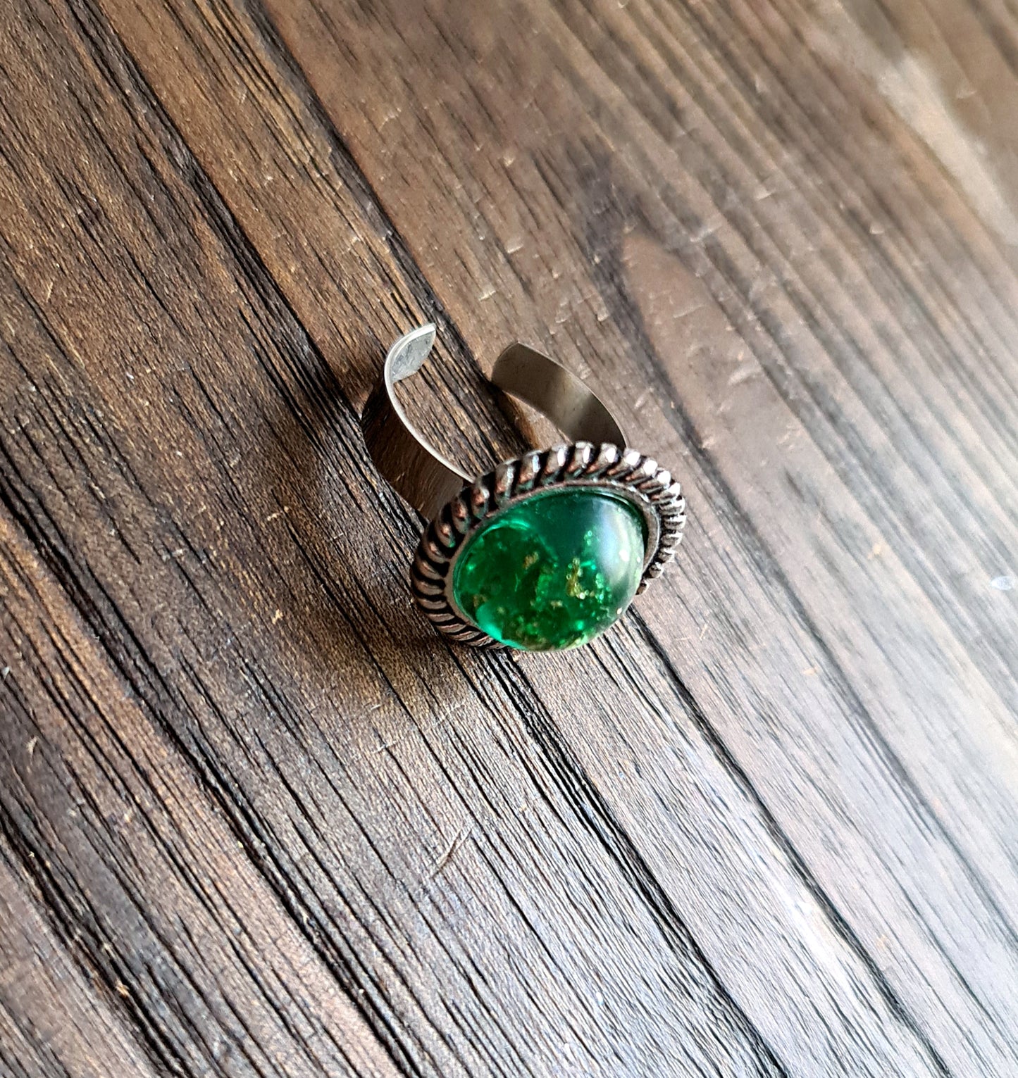 Resin Glitter Ring, Green Gold Leaf Stainless Steel Statement Ring
