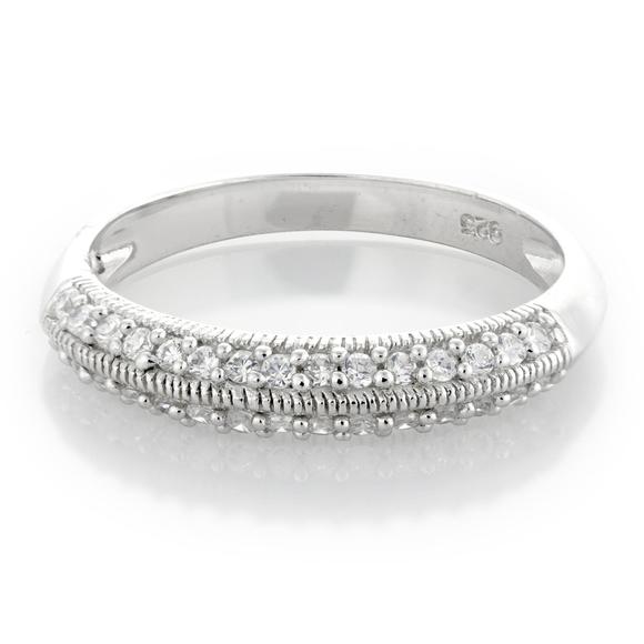 Sterling Silver Milgrain Edge Cubic Zirconia Band Thin Ring - Silver and Resin Designs