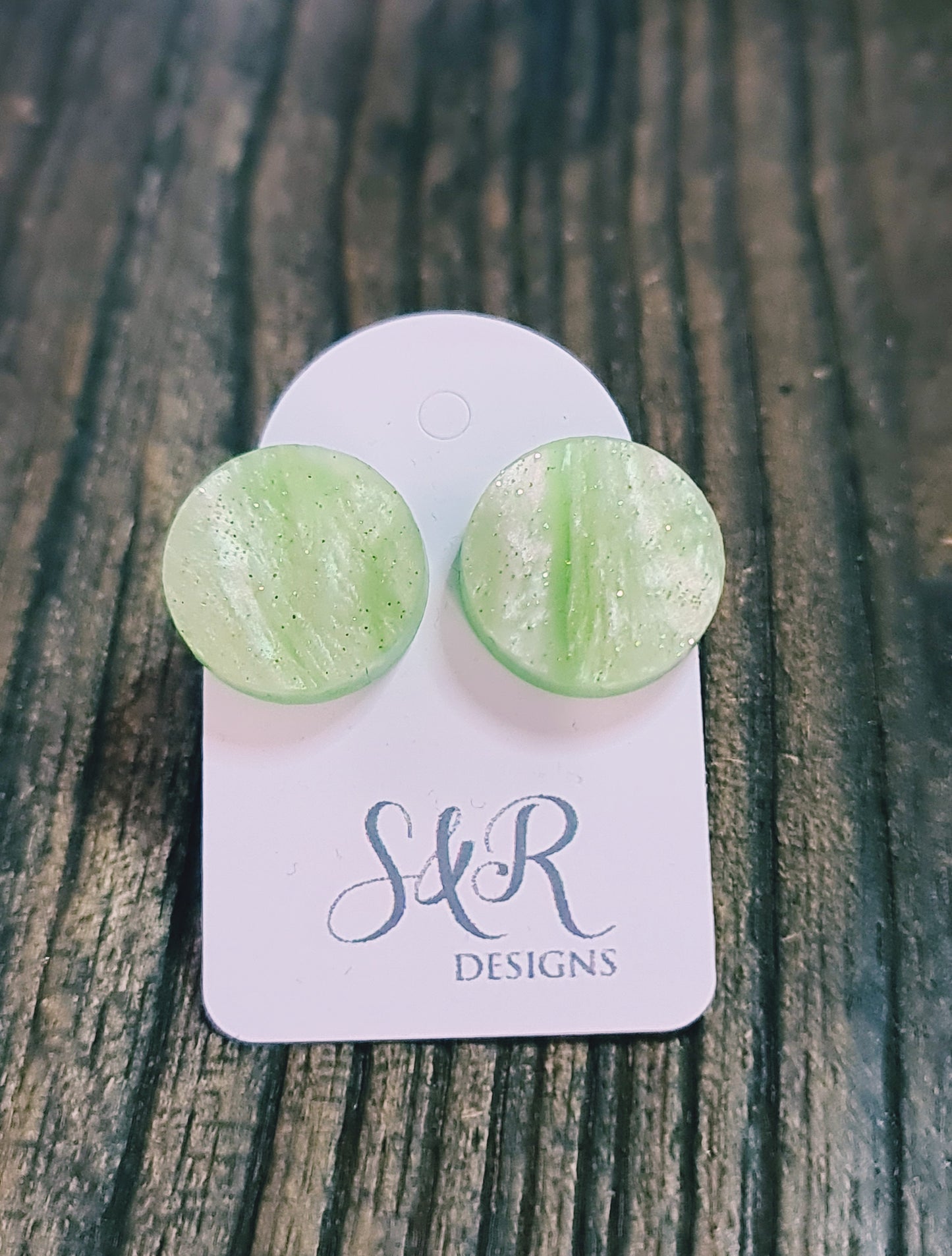 Green Glitter Swirl Marble Circle Stud Earrings, Acrylic Earrings, Stainless Steel Earrings.