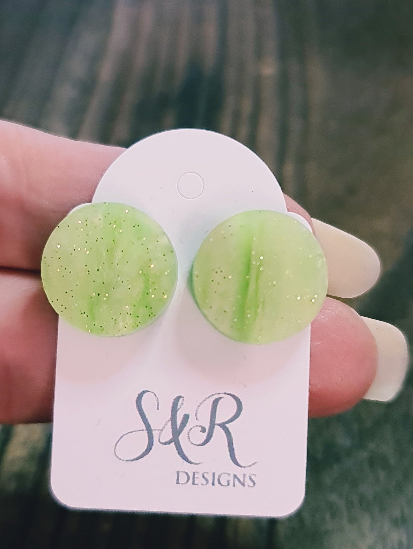 Green Glitter Swirl Marble Circle Stud Earrings, Acrylic Earrings, Stainless Steel Earrings.