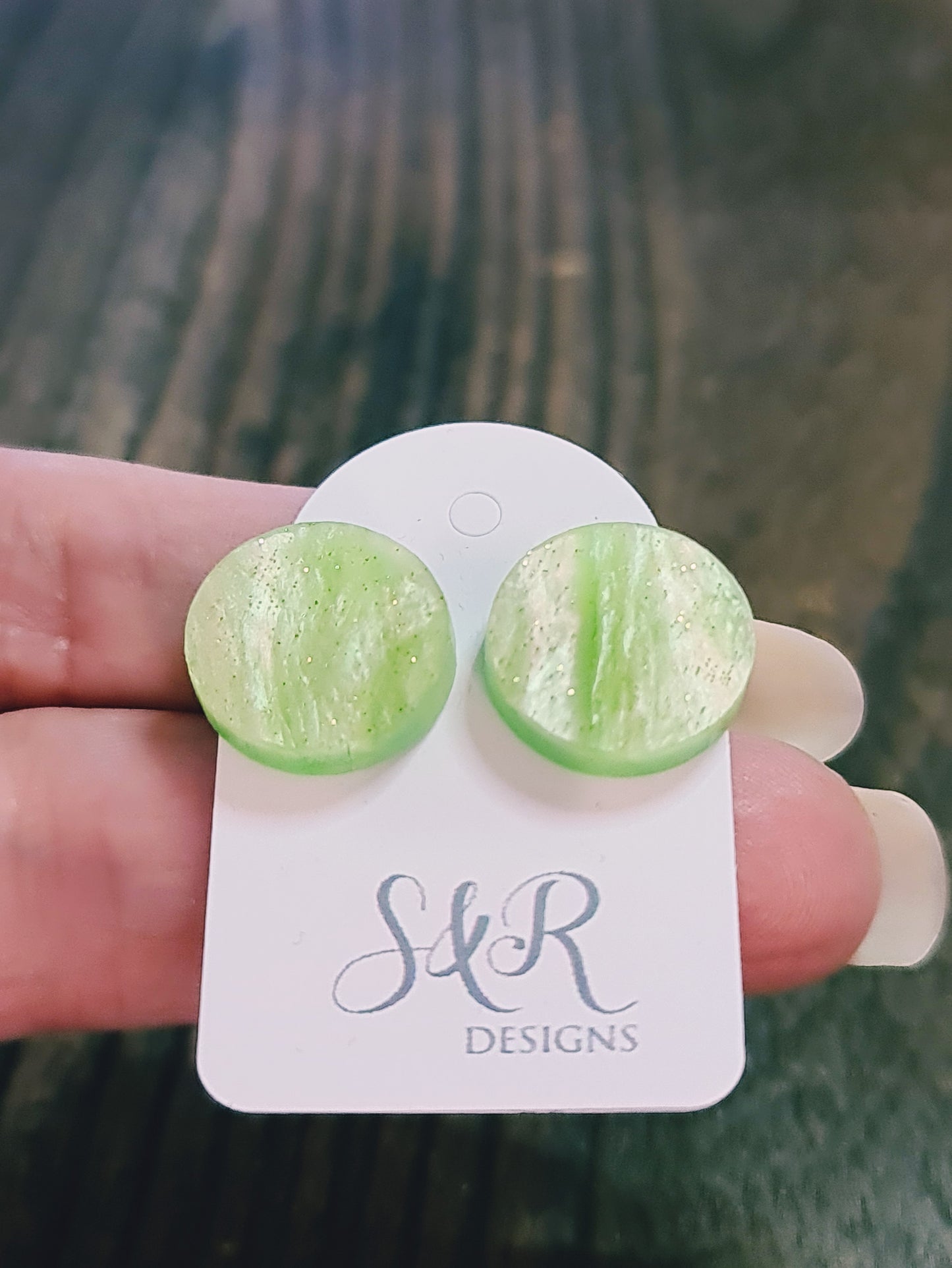 Green Glitter Swirl Marble Circle Stud Earrings, Acrylic Earrings, Stainless Steel Earrings.