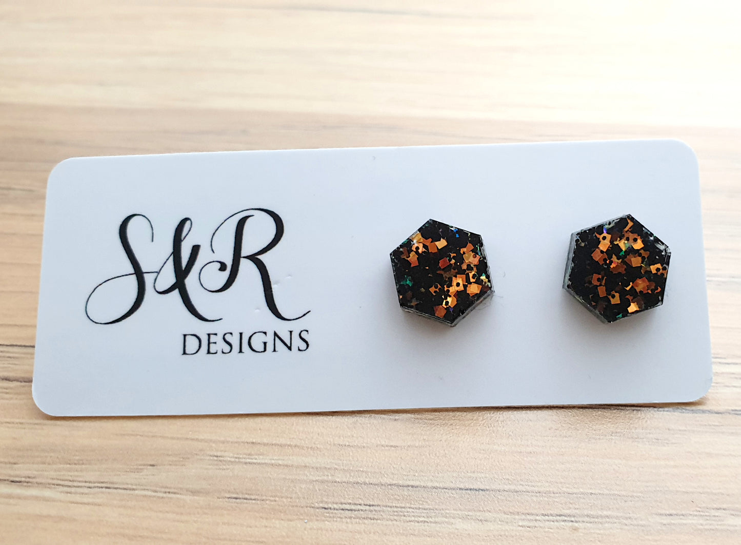 Hexagon Resin Stud Earrings, Black Rose Gold Copper Glitter 10mm