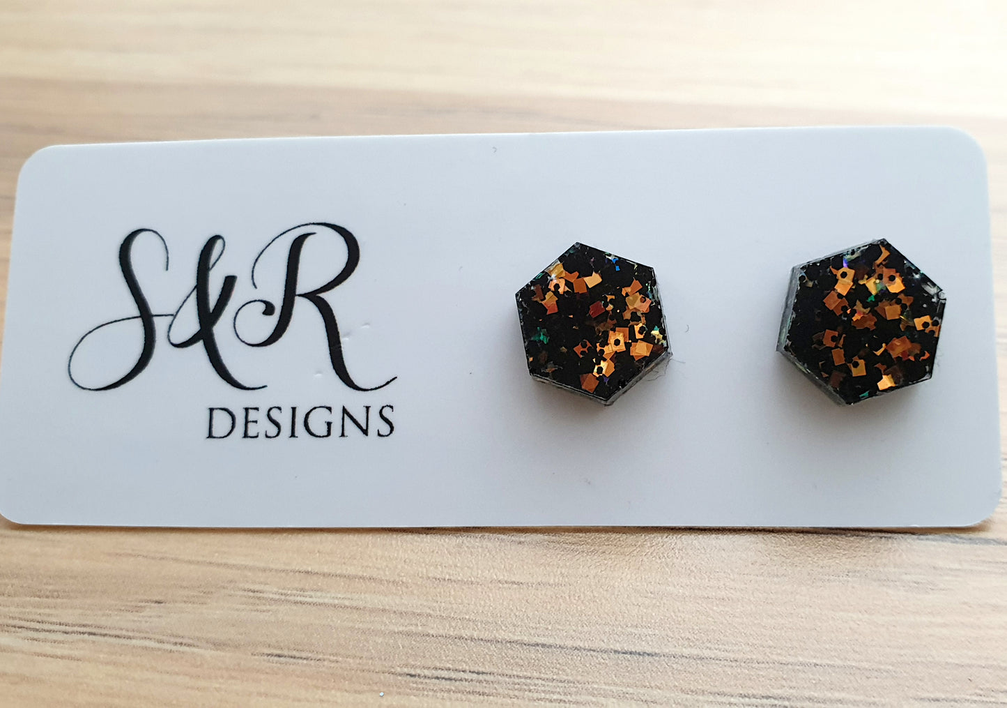 Hexagon Resin Stud Earrings, Black Rose Gold Copper Glitter 10mm