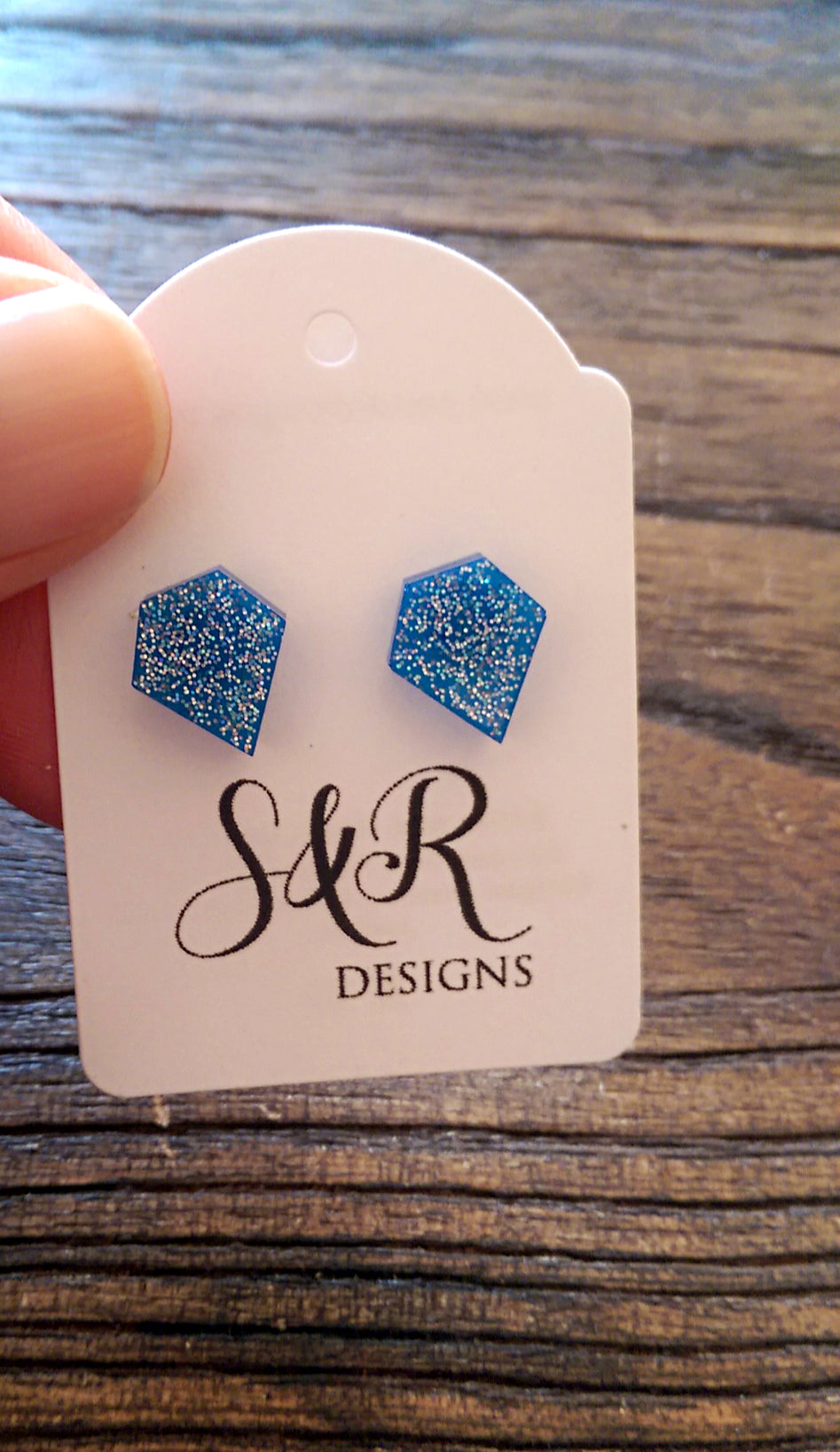 Diamond Cut Resin Stud Earrings, Blue Silver Holographic Glitter Earrings - Silver and Resin Designs
