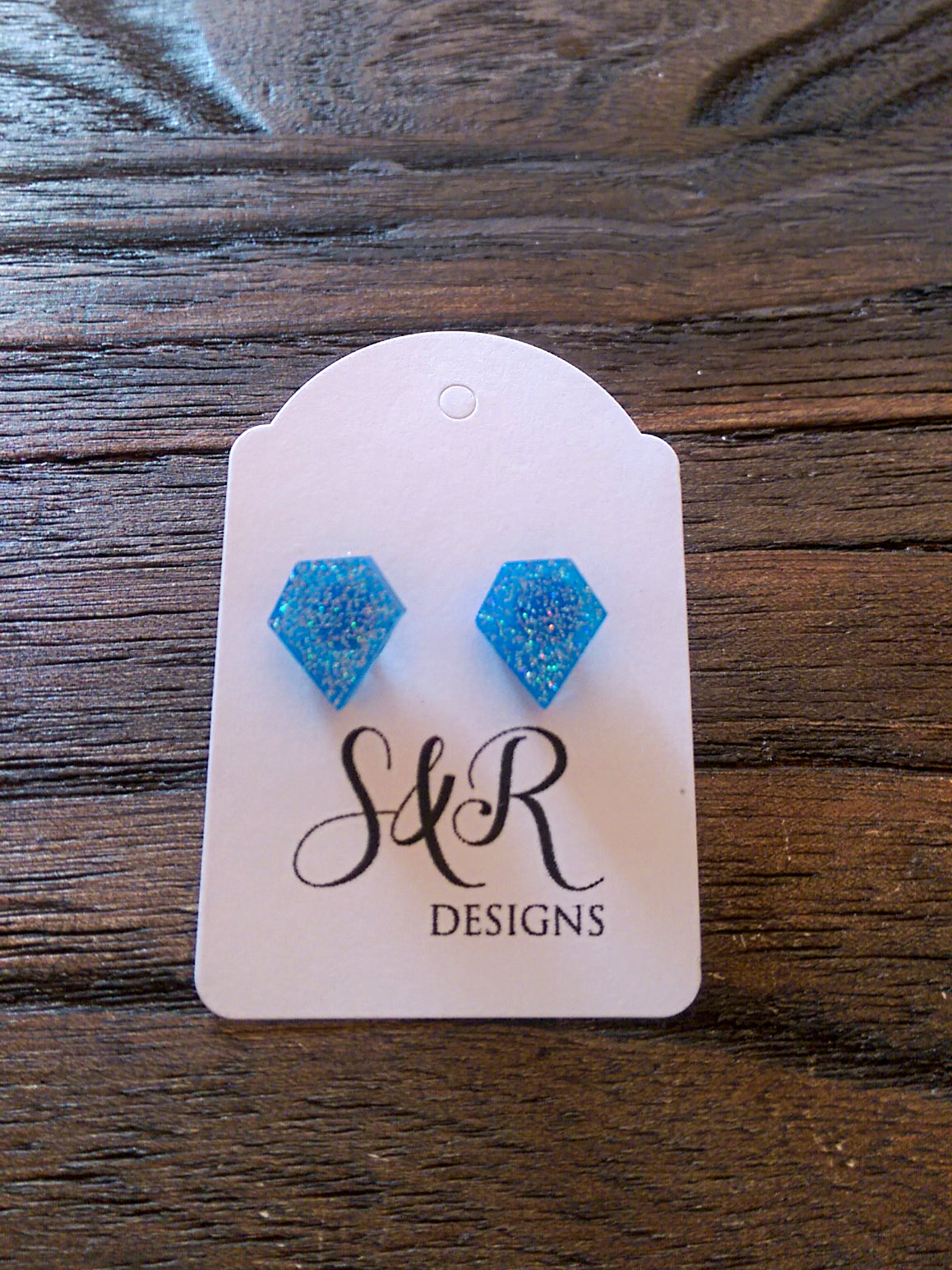 Diamond Cut Resin Stud Earrings, Blue Silver Holographic Glitter Earrings - Silver and Resin Designs