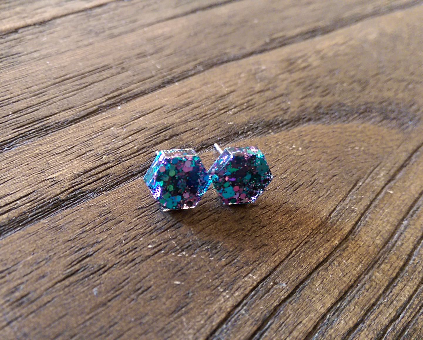Hexagon Resin Stud Earrings, Teal Black Pink Glitter Earrings. Stainless Steel Stud Earrings. 10mm - Silver and Resin Designs
