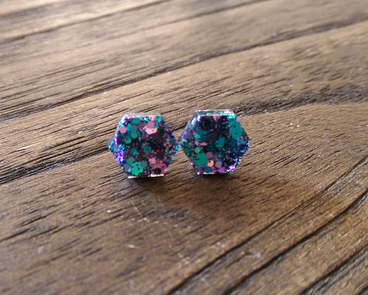Hexagon Resin Stud Earrings, Teal Black Pink Glitter Earrings. Stainless Steel Stud Earrings. 10mm - Silver and Resin Designs