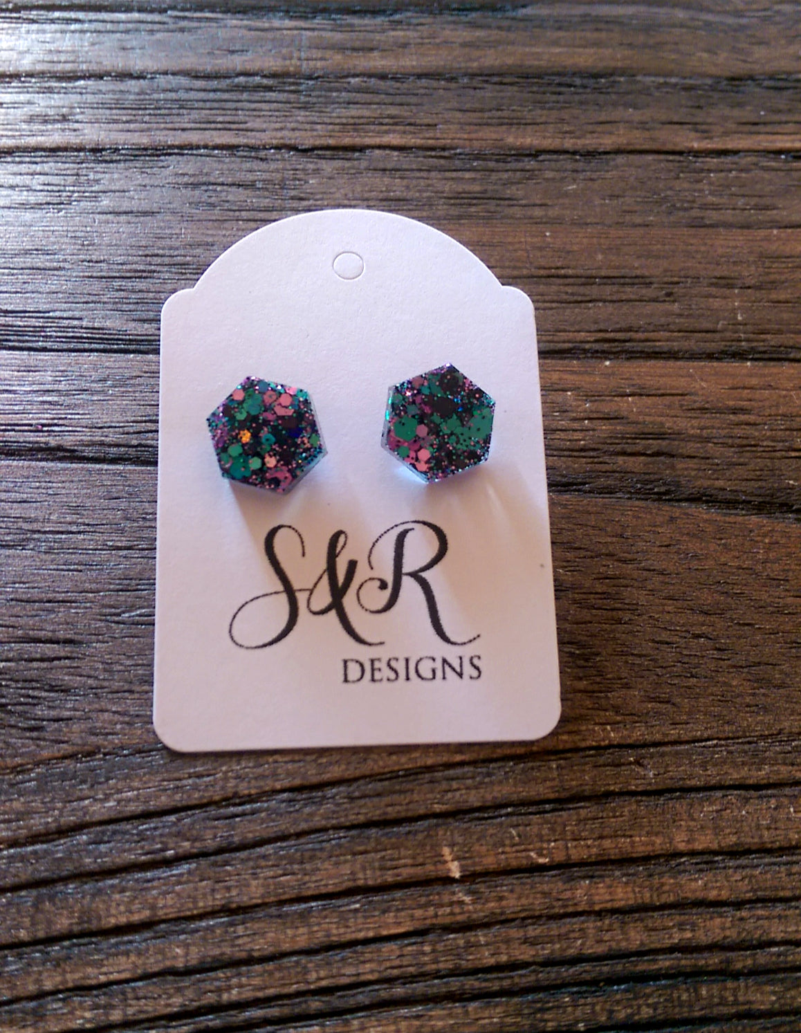 Hexagon Resin Stud Earrings, Teal Black Pink Glitter Earrings. Stainless Steel Stud Earrings. 10mm - Silver and Resin Designs