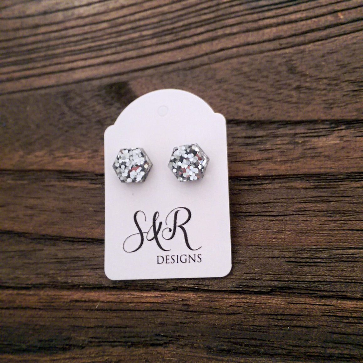 Hexagon Resin Stud Earrings, Silver Glitter Earrings. Stainless Steel Stud Earrings. 10mm - Silver and Resin Designs