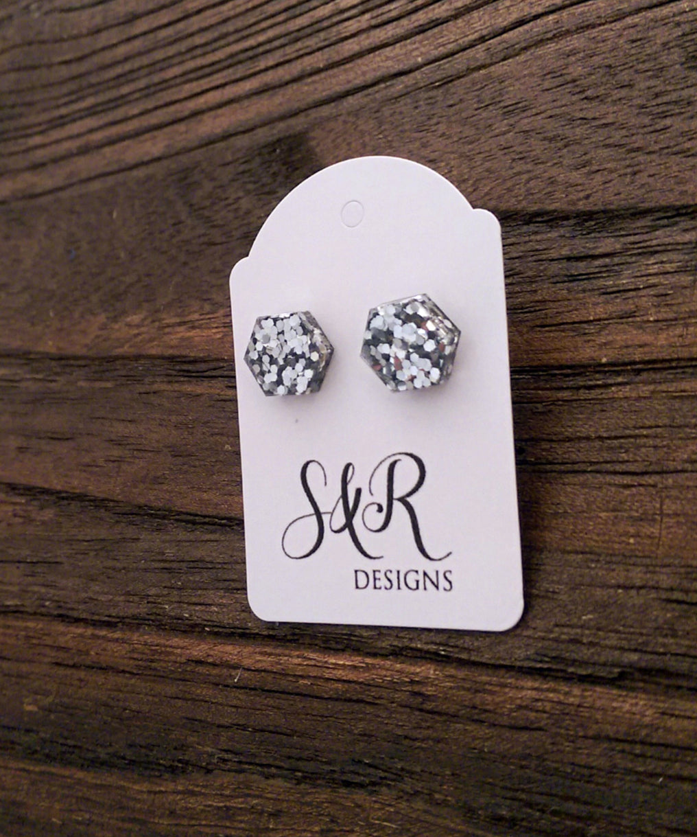 Hexagon Resin Stud Earrings, Silver Glitter Earrings. Stainless Steel Stud Earrings. 10mm - Silver and Resin Designs