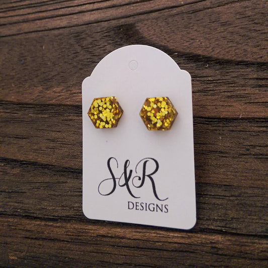 Hexagon Resin Stud Earrings, Gold Glitter Earrings. Stainless Steel Stud Earrings. 10mm - Silver and Resin Designs