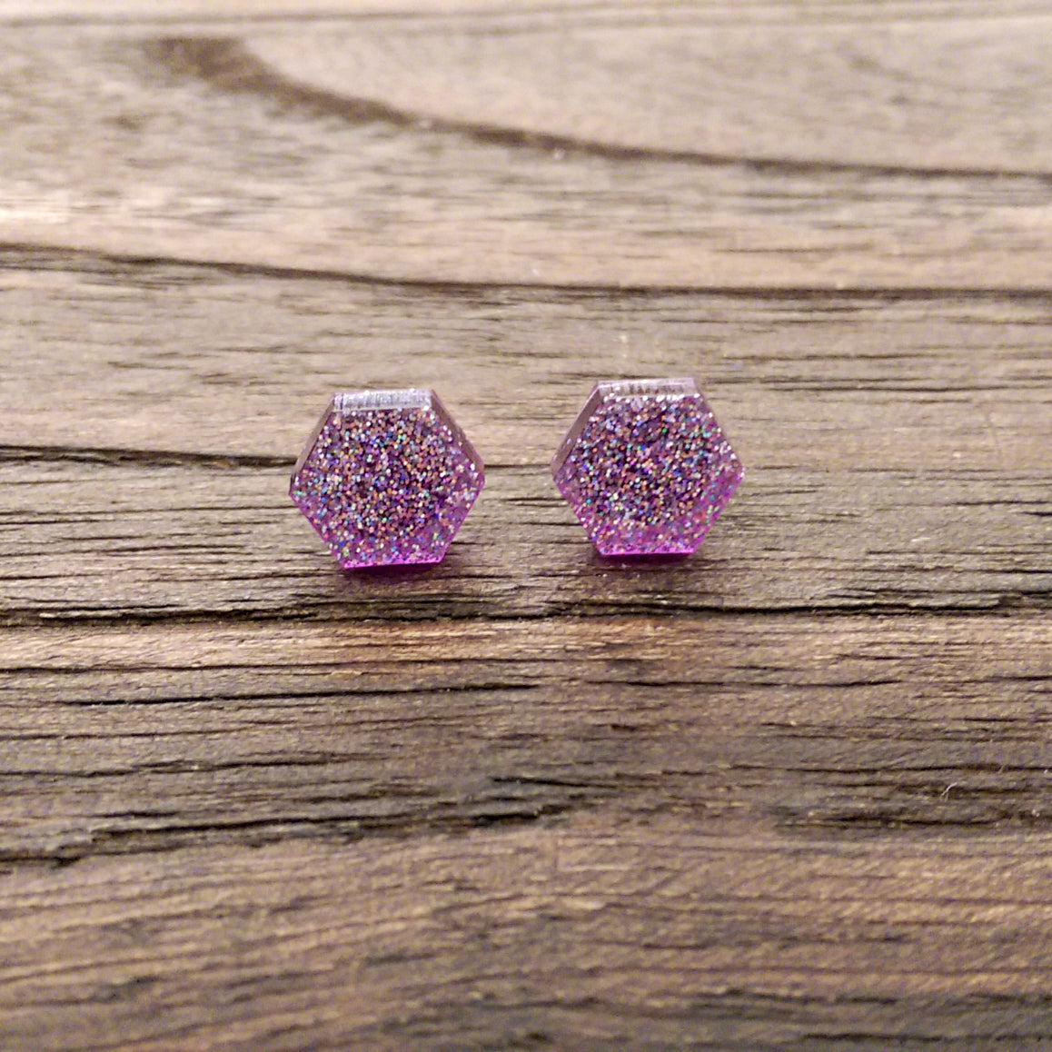 Hexagon Resin Stud Earrings, Purple Sparkly Earrings. Stainless Steel Stud Earrings. 10mm - Silver and Resin Designs