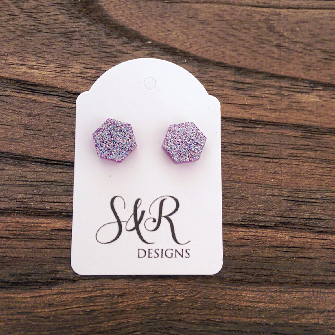 Hexagon Resin Stud Earrings, Purple Sparkly Earrings. Stainless Steel Stud Earrings. 10mm - Silver and Resin Designs