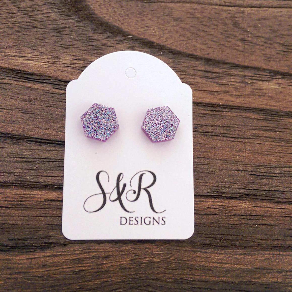 Hexagon Resin Stud Earrings, Purple Sparkly Earrings. Stainless Steel Stud Earrings. 10mm - Silver and Resin Designs
